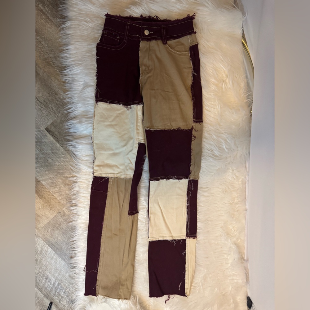 Jeans SIZE XS maroon, tan, cream patchwork ripped edge jeans,lightweight